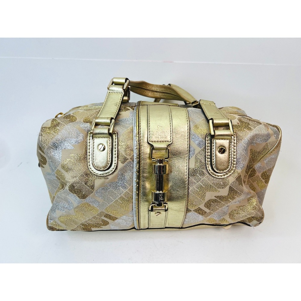 L.A.M.B. Gwen Stefani Metallic Gold Silver Jacquard Satchel Bowling Bag Y2K